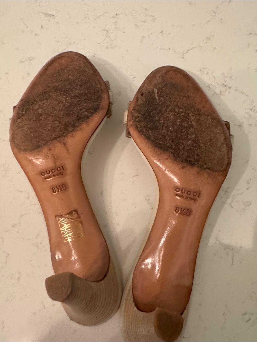 Gucci Beige Monogram Mule Sandals with Gold Buckle Accent 8 1/2 - Picture 6 of 6
